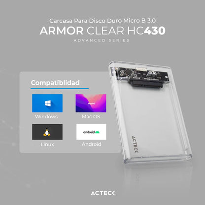 Carcasa Case Enclosure Para Disco Duro Acteck Armor Clear Hc430 / Hdd 2.5 / Conexion Usb Micro B / Sata / Transparente / Ac-934688