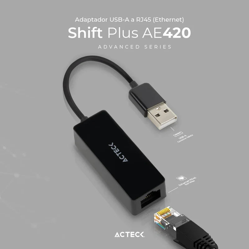 Adaptador Acteck Shift Plus Ae420 / Rj45 (ethernet) A Usb A / 100 Mbps / Negro / Ac-934732