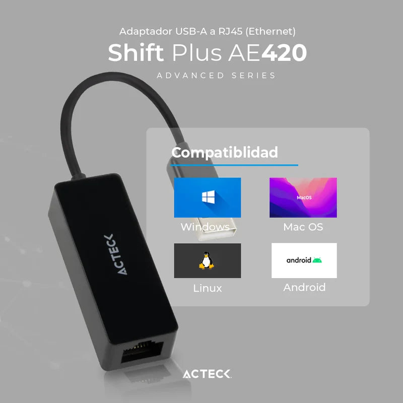 Adaptador Acteck Shift Plus Ae420 / Rj45 (ethernet) A Usb A / 100 Mbps / Negro / Ac-934732