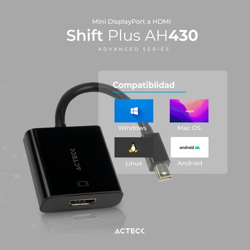 Adaptador Acteck Shift Plus Ah430 / Mini Displayport - Hdmi / 4k / 20 Cm / Negro / Ac-934770