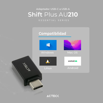 Adaptador Acteck Shift Plus Au210 / Usb A - Usb C / Garantia 1 AÑo / Negro / Ac-934817