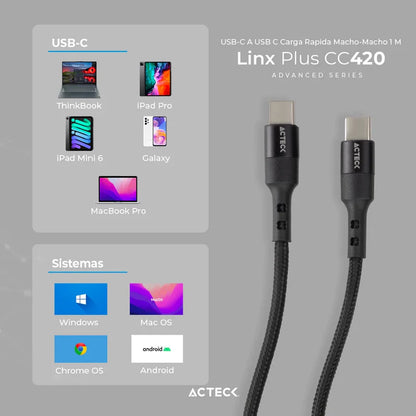 Cable Acteck Linx Plus Cc420 / Usb C A Usb C / 1.8 M / Carga Rapida / Negro / Ac-934855