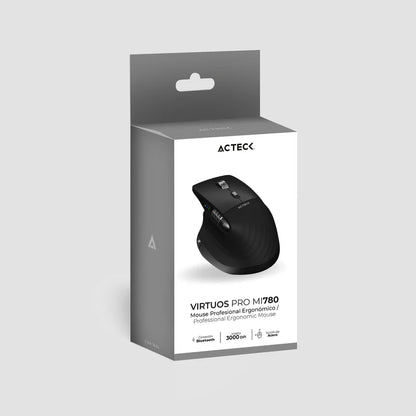 Mouse Acteck Virtuos Pro Mi780 / Vertical / Inalambrico / Dual Bluetooth + Usb / Recargable / Scroll Horizontal / Optico / 8 Botones / 3200 Dpi Ajustable / Negro / Ac-936187