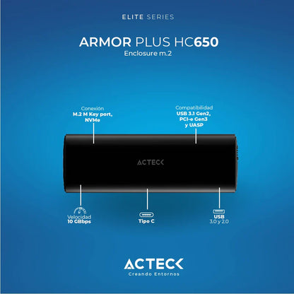 Carcasa Case Enclosure Acteck Armor Plus Hc650 / Disco Duro Ssd M.2 / M.2 M Key Port - Nvme / Compatible Usb 3.1 - Pci-e - Uasp / 10 Gbps / Led Azul / Aluminio / Max 4 Tb / Negro / Ac-936460