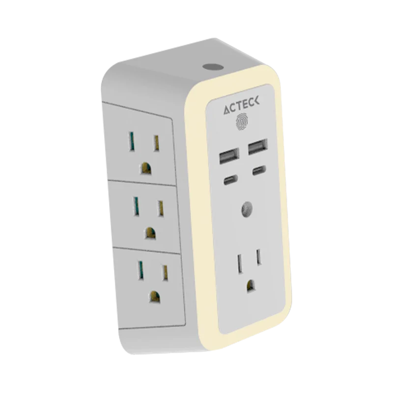 Cargador De Pared Acteck Energon Lumina Cp515 / 11 En 1 / 7 X Tomacorriente / 2 Usb / 2 Tipo C / Resistente Al Fuego / Supresor De Picos 540 J / Sensor Touch / Blanco /ac-936484