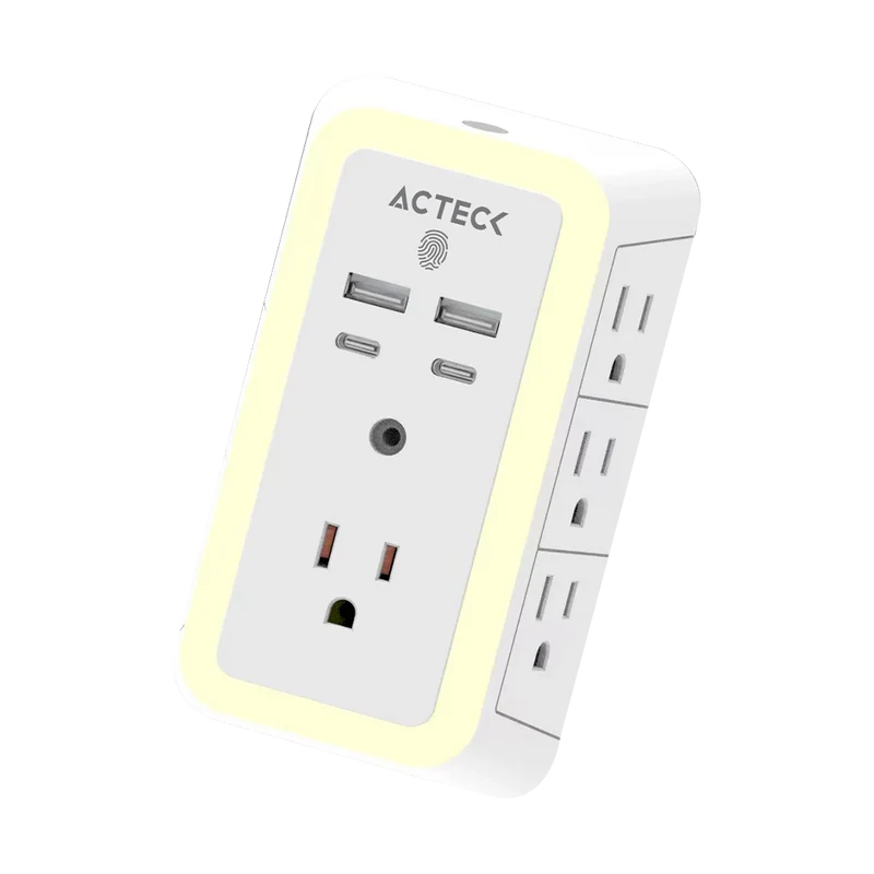 Cargador De Pared Acteck Energon Lumina Cp515 / 11 En 1 / 7 X Tomacorriente / 2 Usb / 2 Tipo C / Resistente Al Fuego / Supresor De Picos 540 J / Sensor Touch / Blanco /ac-936484