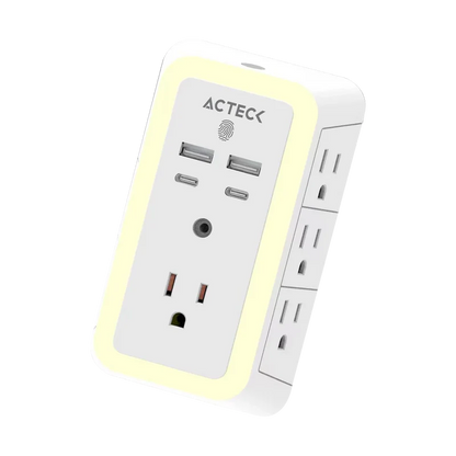 Cargador De Pared Acteck Energon Lumina Cp515 / 11 En 1 / 7 X Tomacorriente / 2 Usb / 2 Tipo C / Resistente Al Fuego / Supresor De Picos 540 J / Sensor Touch / Blanco /ac-936484