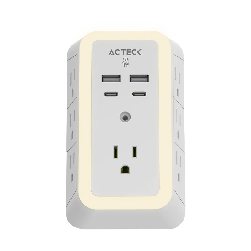 Cargador De Pared Acteck Energon Lumina Cp515 / 11 En 1 / 7 X Tomacorriente / 2 Usb / 2 Tipo C / Resistente Al Fuego / Supresor De Picos 540 J / Sensor Touch / Blanco /ac-936484