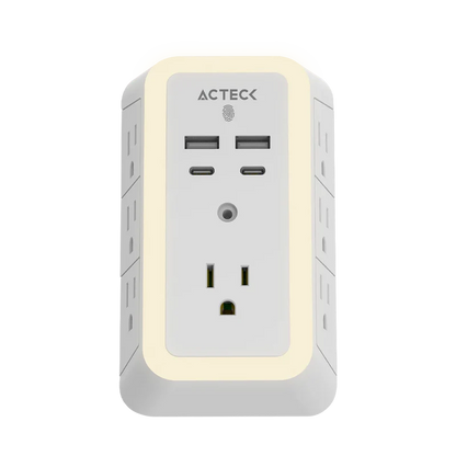 Cargador De Pared Acteck Energon Lumina Cp515 / 11 En 1 / 7 X Tomacorriente / 2 Usb / 2 Tipo C / Resistente Al Fuego / Supresor De Picos 540 J / Sensor Touch / Blanco /ac-936484