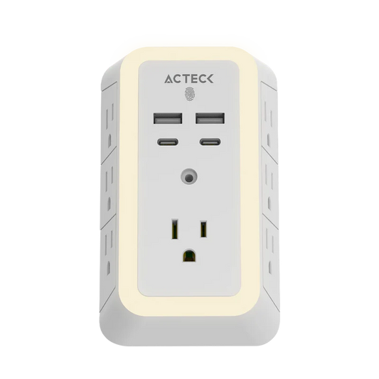 Cargador De Pared Acteck Energon Lumina Cp515 / 11 En 1 / 7 X Tomacorriente / 2 Usb / 2 Tipo C / Resistente Al Fuego / Supresor De Picos 540 J / Sensor Touch / Blanco /ac-936484