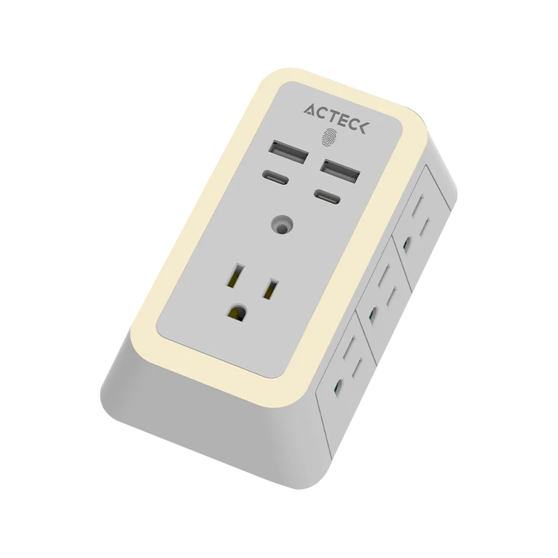 Cargador De Pared Acteck Energon Lumina Cp515 / 11 En 1 / 7 X Tomacorriente / 2 Usb / 2 Tipo C / Resistente Al Fuego / Supresor De Picos 540 J / Sensor Touch / Blanco /ac-936484