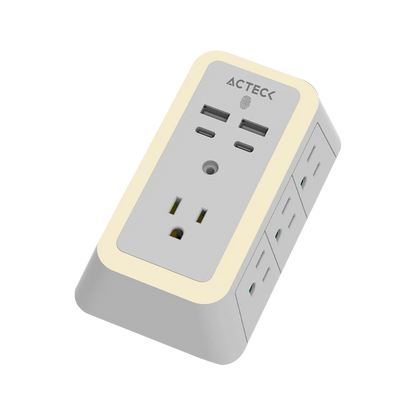 Cargador De Pared Acteck Energon Lumina Cp515 / 11 En 1 / 7 X Tomacorriente / 2 Usb / 2 Tipo C / Resistente Al Fuego / Supresor De Picos 540 J / Sensor Touch / Blanco /ac-936484
