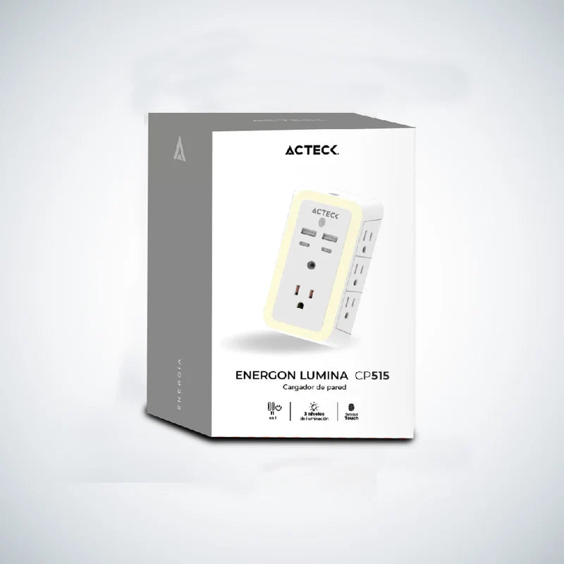 Cargador De Pared Acteck Energon Lumina Cp515 / 11 En 1 / 7 X Tomacorriente / 2 Usb / 2 Tipo C / Resistente Al Fuego / Supresor De Picos 540 J / Sensor Touch / Blanco /ac-936484
