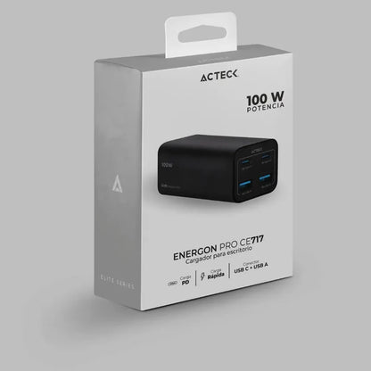 Cargador Acteck Energon Pro Ce717 / De Pared Para Escritorio / Carga Rapida / 100 W / 2x Usb C + 2x Usb A / Negro / Ac-936491