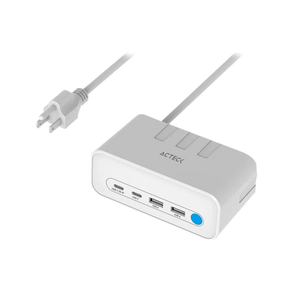 Cargador Acteck Energon Mate Ce676 / ExtensiÓn De Escritorio / 2 X Usb / 2 X Tipo C / 3 X Contactos / Supresor De Picos / Blanco / Indicador Led / Resistente Al Fuego / 1.85 M / Ac-936521