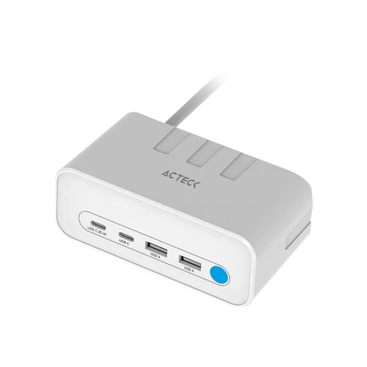 Cargador Acteck Energon Mate Ce676 / ExtensiÓn De Escritorio / 2 X Usb / 2 X Tipo C / 3 X Contactos / Supresor De Picos / Blanco / Indicador Led / Resistente Al Fuego / 1.85 M / Ac-936521