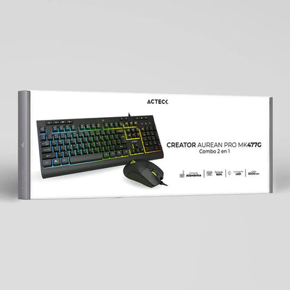 Kit Acteck Creator Aurean Pro Mk477g / Teclado Y Mouse / Alambrico / Iluminacion Led / 105 Teclas / Anti-gosting / Multimedia / Optico / 8000 Dpi Ajustable / 7 Botones / Negro / Ac-936750