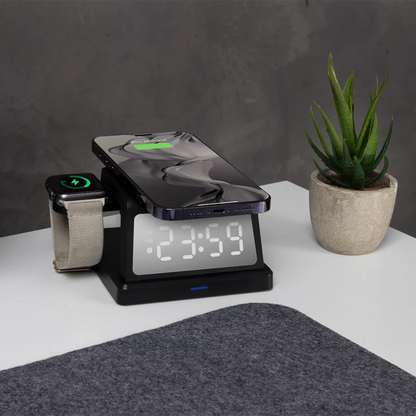 Cargador Acteck Energon S-mate Ci730 / Inalambrico Qi / 3w - 15 W / Apple - Samsung / 3 Dispositivos / Reloj Digital / Negro / Ac-937146