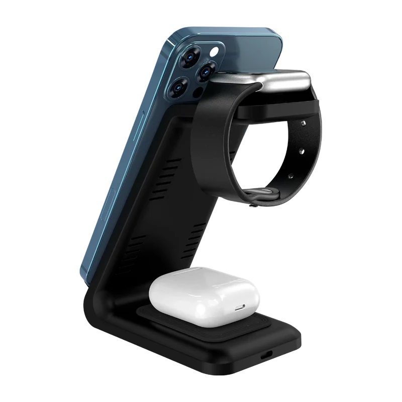 Cargador De Escritorio Acteck Energon S-mate Ci720 / Inalambrico / Iphone - Samsung - Carga Qi / 3w - 15w / Para 3 Dispositivos / Conexion Usb C / Negro / Ac-937153