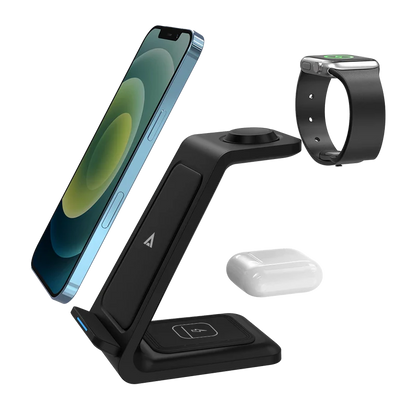Cargador De Escritorio Acteck Energon S-mate Ci720 / Inalambrico / Iphone - Samsung - Carga Qi / 3w - 15w / Para 3 Dispositivos / Conexion Usb C / Negro / Ac-937153