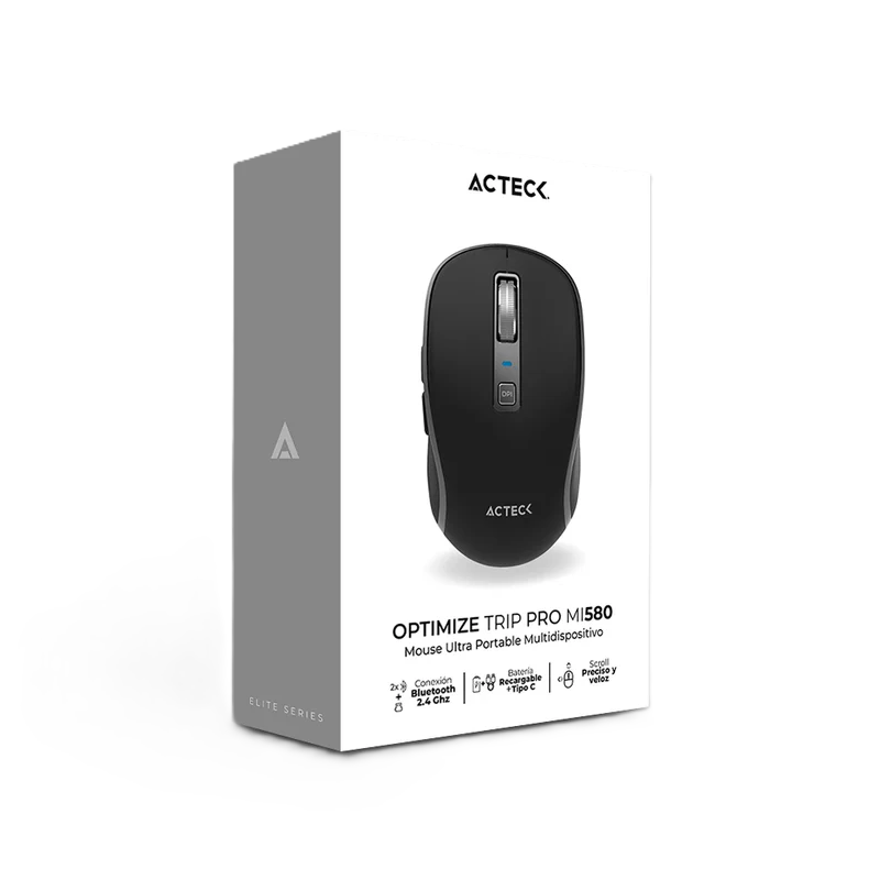 Mouse Acteck Optimize Trip Pro Mi580 / Inalambrico / 1600 Dpi Ajustable / 6 Botones Scroll / Recargable / Dual Dongle Usb 2.4 Ghz 2 Bluetooth / Win Mac Android / Negro / Ac-939591