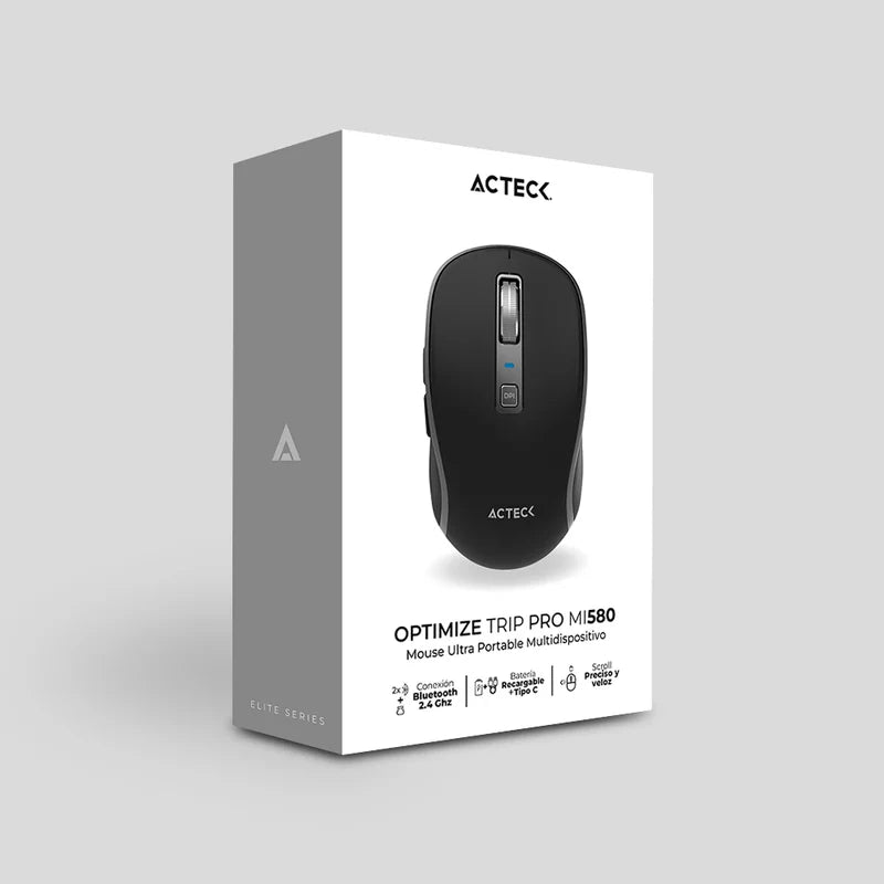 Mouse Acteck Optimize Trip Pro Mi580 / Inalambrico / 1600 Dpi Ajustable / 6 Botones Scroll / Recargable / Dual Dongle Usb 2.4 Ghz 2 Bluetooth / Win Mac Android / Negro / Ac-939591