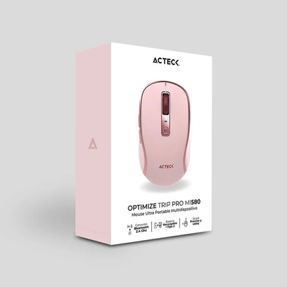 Mouse Acteck Optimize Trip Pro Mi580 / Inalambrico / 1600 Dpi Ajustable / 6 Botones + Scroll / Recargable / Dual Dongle Usb 2.4 Ghz + 2 Bluetooth / Win + Mac + Android / Rosa / Ac-939614