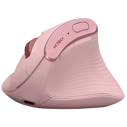 Mouse Acteck Virtuos Fitt Pro Mi770 / Vertical / Ergonomico / Inalambrico Dual  / Dongle Usb 2.4 Ghz  + 2 Bluetooth / Recargable / Optico / 2400 Dpi Ajustable / 8 Botones + Scroll / Rosa / Ac-939638