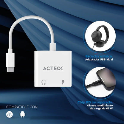 Adaptador Acteck Shift Plus Aa415 / Usb C - 2x Usb C / Audio - Tipo C Dp / Android - Ios / Blanco / Ac-939768