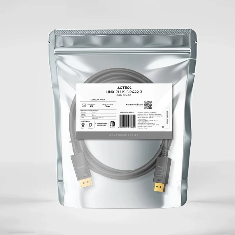Cable Acteck Link Plus Dp422-3 / Display Port - Display Port / 4k A 60 Mhz / 3 M Largo / 17 Gbps / Calibre 30 Awg / Macho A Macho / Negro / Ac-939799