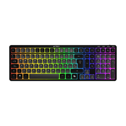 Teclado Acteck Techno Pro Ti790 / Multidispositivo Inalambrico Dual / 108 Teclas / Usb - 2 Bt - 2.4 Ghz / Mecanico / Multimedia / Iluminacion Rgb / Recargable / Win + Mac / Negro / Ac-940061