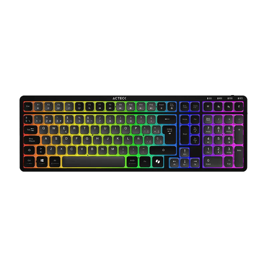 Teclado Acteck Techno Pro Ti790 / Multidispositivo Inalambrico Dual / 108 Teclas / Usb - 2 Bt - 2.4 Ghz / Mecanico / Multimedia / Iluminacion Rgb / Recargable / Win + Mac / Negro / Ac-940061