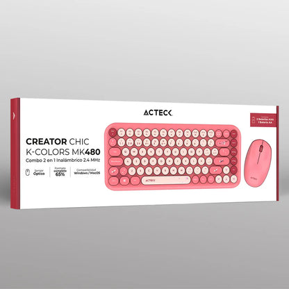 Kit Acteck Creator Chic K-colors Mk480 / Teclado Y Mouse / Inalambrico - Multimedia / 85 Teclas / Optico / 800 Dpi / 4 Botones + Scroll / Win + Mac / EspaÑol / Dongle Usb / Rojo- Rosa / Ac-940245