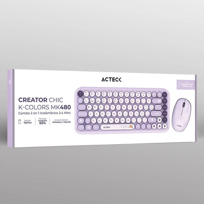 Kit Acteck Creator Chic K-colors Mk480 / Teclado Y Mouse / Inalambrico - Multimedia / 85 Teclas / Optico / 800 Dpi / 4 Botones + Scroll / Win + Mac / EspaÑol / Dongle Usb / Violeta / Ac-940252