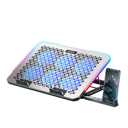 Base Enfriadora Acteck Froost Raw Be630 / 15.6 Pulg / 6 Ventiladores / 2x Usb  2.0 / Ajustable 8 Niveles / Iluminacion 10 Modos  / Potencia Absoluta / Aluminio / Ac-940771