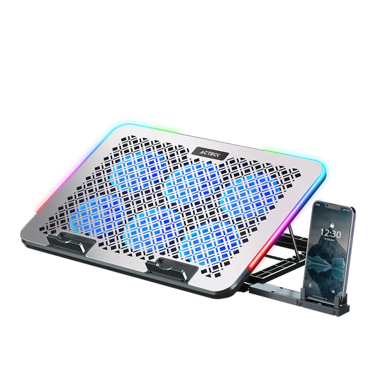 Base Enfriadora Acteck Froost Raw Be630 / 15.6 Pulg / 6 Ventiladores / 2x Usb  2.0 / Ajustable 8 Niveles / Iluminacion 10 Modos  / Potencia Absoluta / Aluminio / Ac-940771