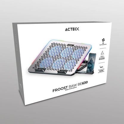 Base Enfriadora Acteck Froost Raw Be630 / 15.6 Pulg / 6 Ventiladores / 2x Usb  2.0 / Ajustable 8 Niveles / Iluminacion 10 Modos  / Potencia Absoluta / Aluminio / Ac-940771