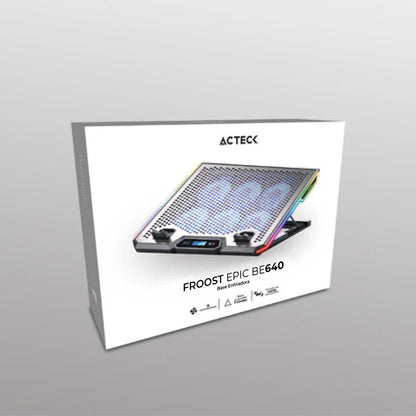 Base Enfriadora Acteck Froost Epic Be640 / 15.6 Pulg / 6 Ventiladores / 2x Usb  2.0 / Ajustable 7 Niveles / Iluminacion 7 Modos  / Silencio Absoluto / Aluminio / Ac-940788