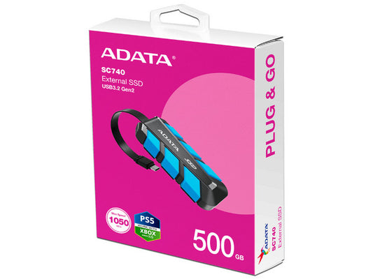 Unidad De Estado Solido Ssd Externo Adata Sc740 500gb Portatil Usb 3.2 Gen 2 Tipo C Windows Mac Android Ps5 Xbox X S Color Azul (sc740-500g-cbu)