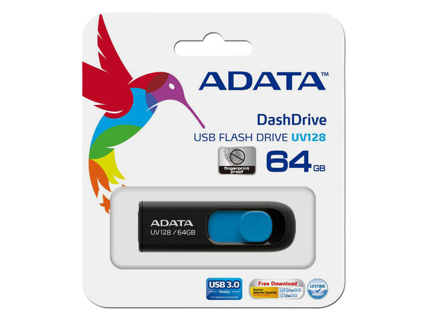Memoria Adata 64gb Usb 3.2 Uv128 Retractil Negro-azul (auv128-64g-rbe)