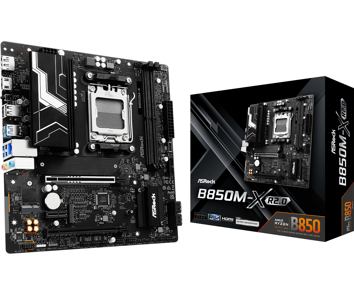Mb Asrock B850m-x R2.0/am5 Ryzen Series 9000, 8000 Y 7000/ddr5 8200 Mhz/ Pcie Gen5(m.2)/1 Pcie 4.0x16/1 Pcie 3.0x1/amd Rdna/1 Blazing M.2/1 Hyper M.2/8 Usb 3.2/2 Usb C Trasero Y Frontal/5 Usb 2.0
