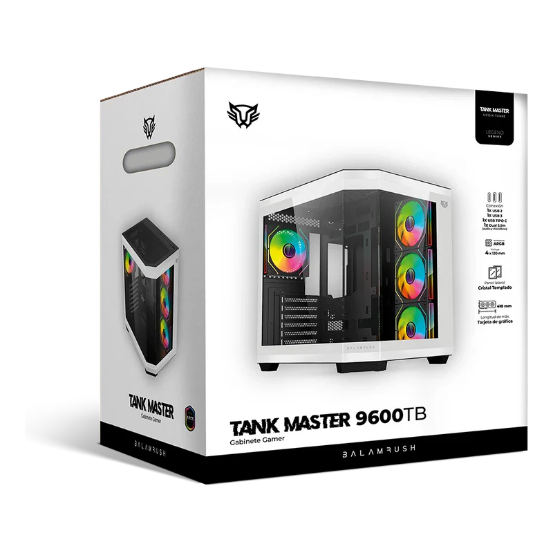 Gabinete Gamer Balam Rush Tank Master 9600tb / Media Torre / Atx - Micro Atx - Itx / Paneles Removibles Cristal Templado / 4x Ventiladores Argb / Soporte P/ Enfriamiento / Blanco C/ Negro / Br-938693