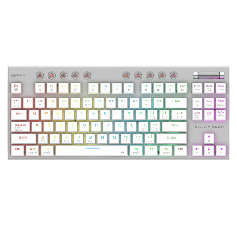 Teclado Gamer Dominate Expert Gk959 / Inalambrico Dual / Mecanico / Ilumnacion Rgb / Recargable / 87 Teclas / Win - Mac - Android - Consolas De Juego / EspaÑol / Dongle-bt 5.0 / Blanco / Br-940412