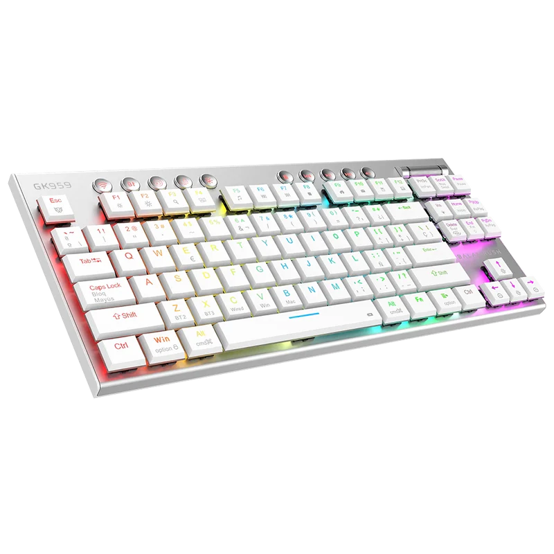 Teclado Gamer Dominate Expert Gk959 / Inalambrico Dual / Mecanico / Ilumnacion Rgb / Recargable / 87 Teclas / Win - Mac - Android - Consolas De Juego / EspaÑol / Dongle-bt 5.0 / Blanco / Br-940412