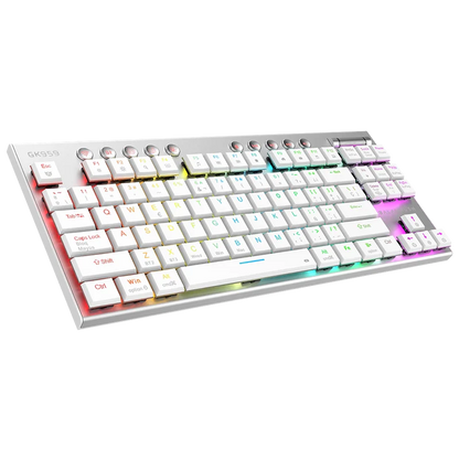 Teclado Gamer Dominate Expert Gk959 / Inalambrico Dual / Mecanico / Ilumnacion Rgb / Recargable / 87 Teclas / Win - Mac - Android - Consolas De Juego / EspaÑol / Dongle-bt 5.0 / Blanco / Br-940412