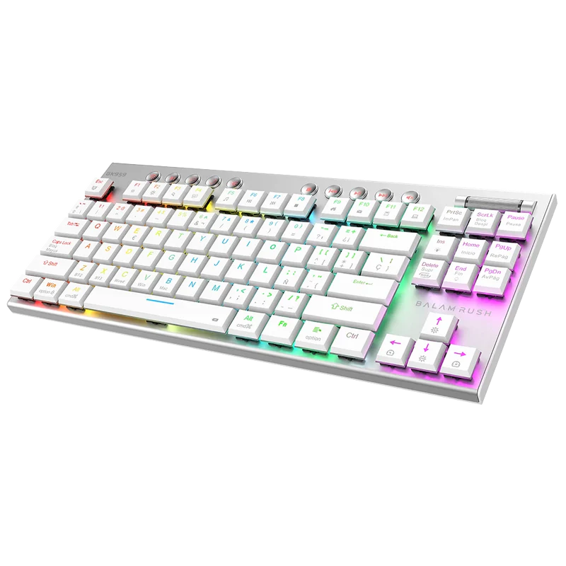 Teclado Gamer Dominate Expert Gk959 / Inalambrico Dual / Mecanico / Ilumnacion Rgb / Recargable / 87 Teclas / Win - Mac - Android - Consolas De Juego / EspaÑol / Dongle-bt 5.0 / Blanco / Br-940412