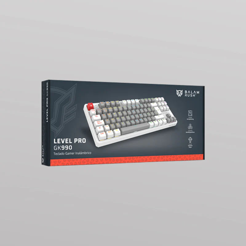 Teclado Gamer Balam Rush Level Pro Gk990 / Dual Recargable / Usb - Bt - Dongle / 5 Dispositivos / Recargable / 88 Teclas / EspaÑol / Win - Mac- Android / Rgb / Mecanico /  Blanco / Br-940689
