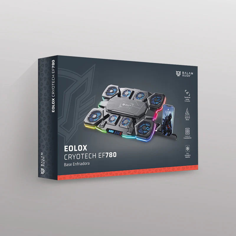 Base Enfriadora Gamer Balam Rush Eolox Cryotech Ef780 / Laptop 17 Pulg / Velocidad Ajustable / 7 Niveles De Altura / 10 Modos De Iluminacion / Soporte P- Celular / Placa Metalica / Negro / Br-941112