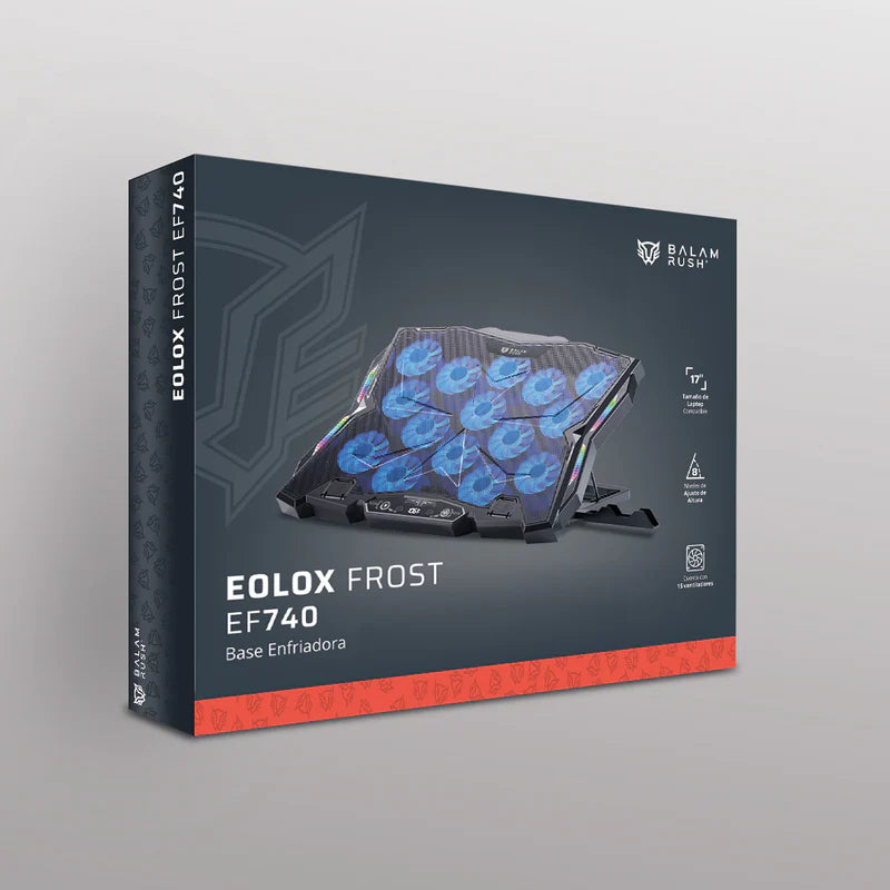 Base Enfriadora Gamer Balam Rush Eolox Frost Ef740 / Laptop 17 Pulg / 15 Ventiladores / Ajuste De Altura Y Velocidad / Iluminacion Rgb / Soporte P Celular / Puerto Usb A - Usb C / Negro / Br-941136