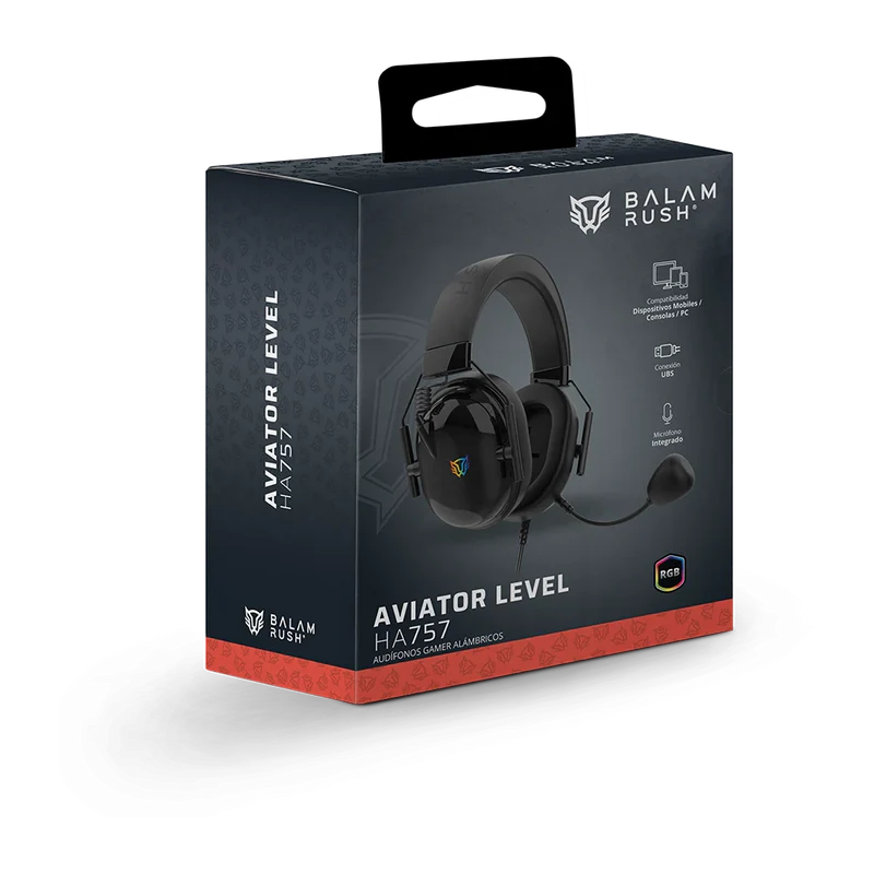 Audifonos Gamer Balam Rush Aviator Level Ha757 / Diadema Alambrica / Pc - Disp Moviles - Consolas / Sonido Estereo / Microfono Omnidireccional / Rgb Personalizable / Negro / Br-941167